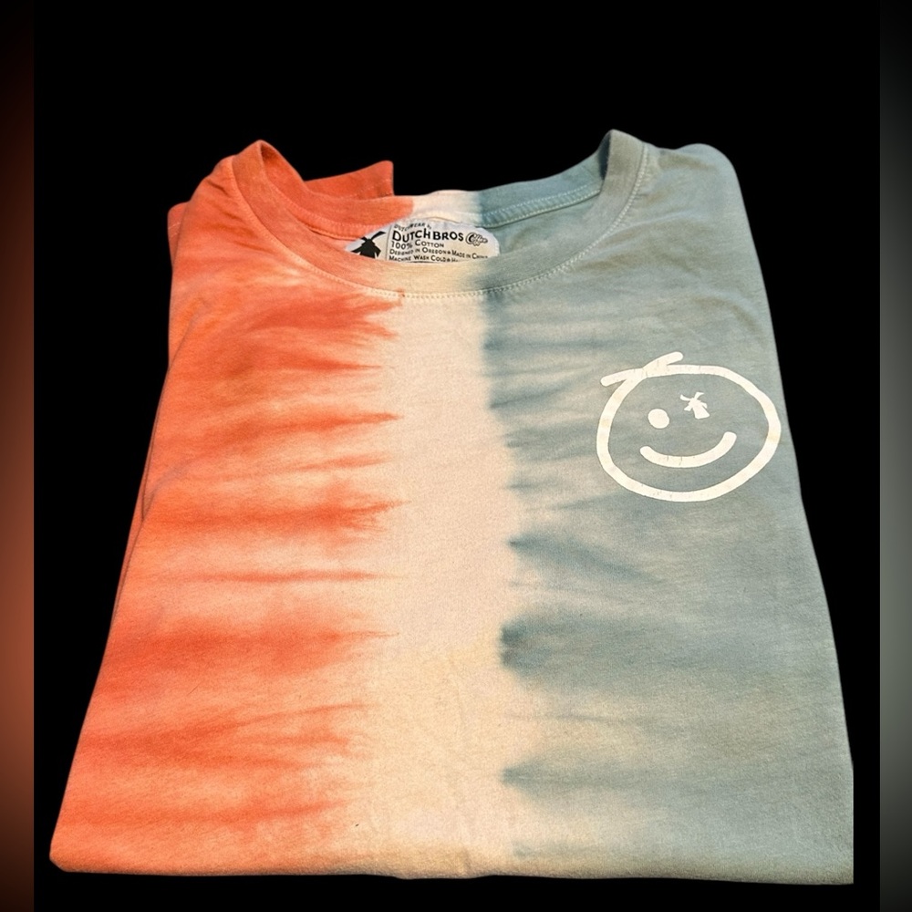 Dutch Bros Coffee Tie Dye Short Sleeve T-Shirt Red White Blue Smiley Face Unisex